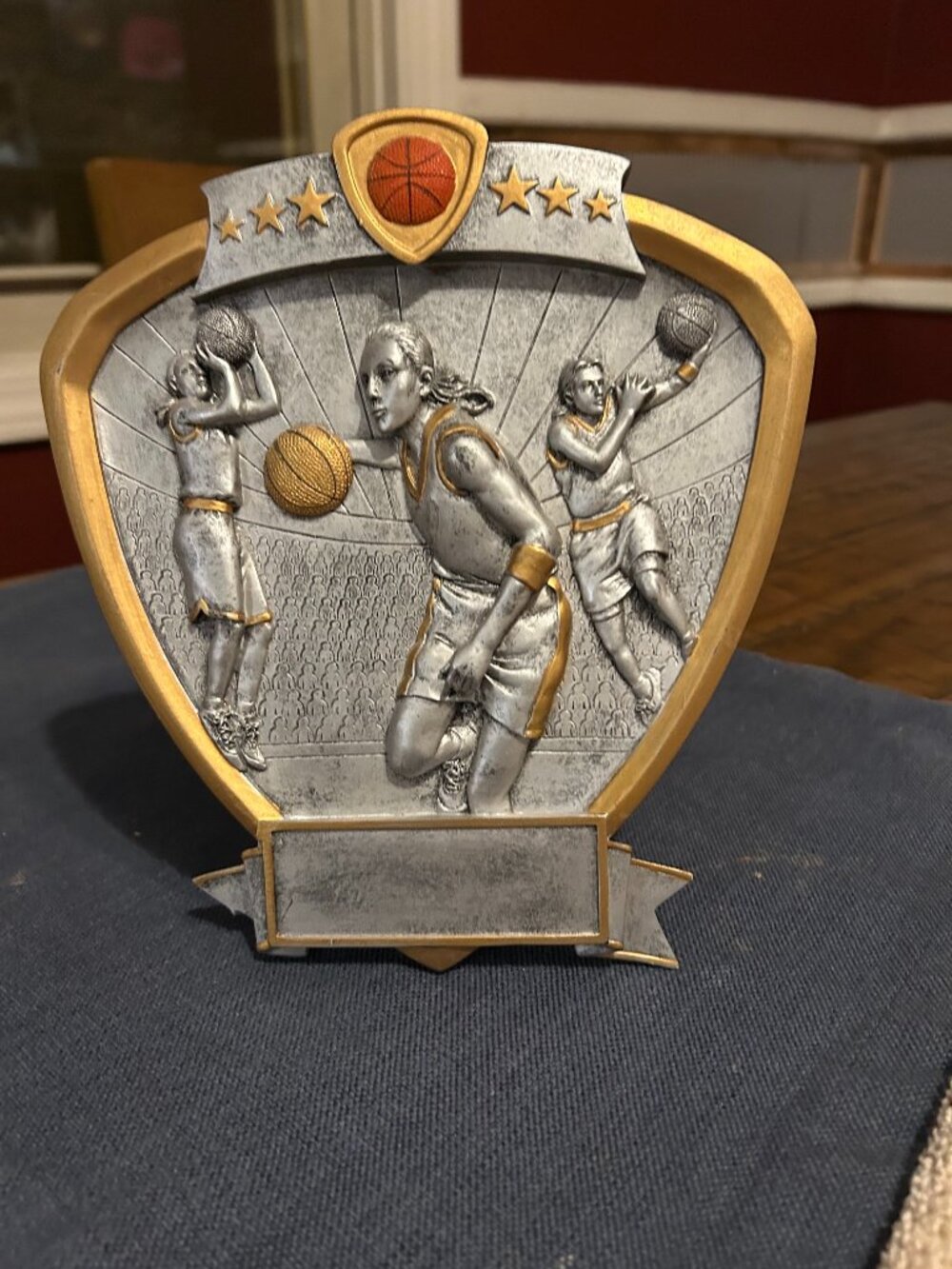 unique  Female Basketball Resin Shield Trophy     8 in tall   may engrave on ban